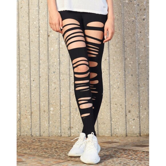 ALO Yoga Pants - Alo High-Waist Extreme Ripped Warrior Leggings Black Edgy Hi-Rise Destroyed Pant